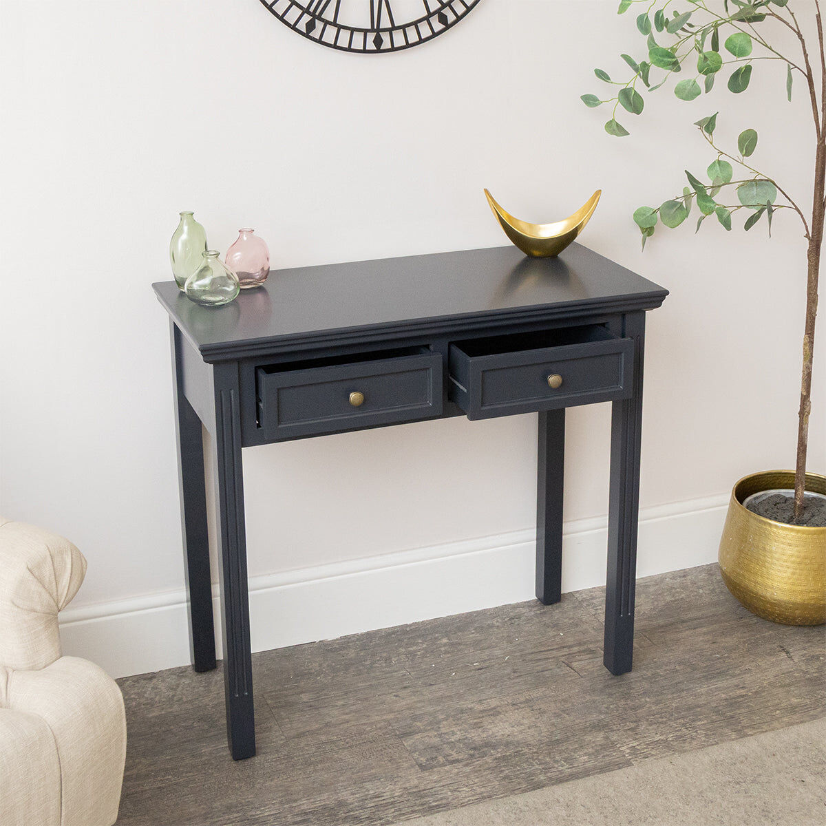 Navy Black 2 Drawer Console / Dressing Table - Daventry Navy Black Range Wood, Metal