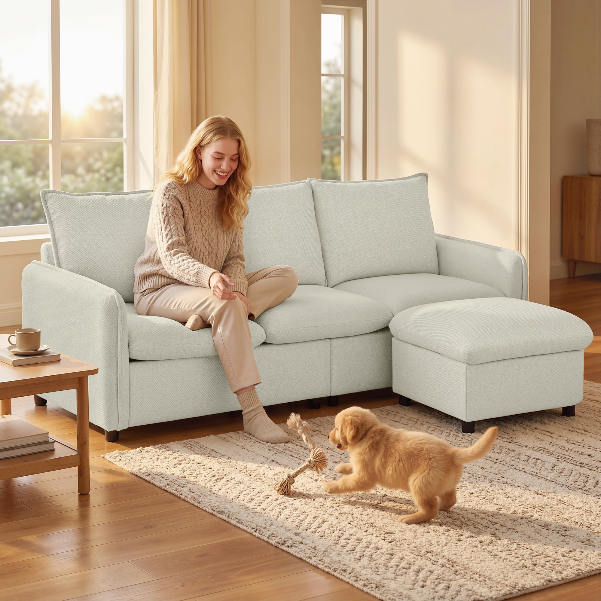 Homcom Divano 3 posti con pouf contenitore, divano angolare modulabile 212 cm, cuscini a molle, tessuto in lino, crema   Aosom Italy