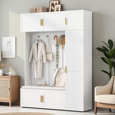 ZWYO HOSIMU 4-in-1 Hall Tree with Padded Bench, 4 Hooks and Multi-Tier Storage Shelves for Living Room, Entryway