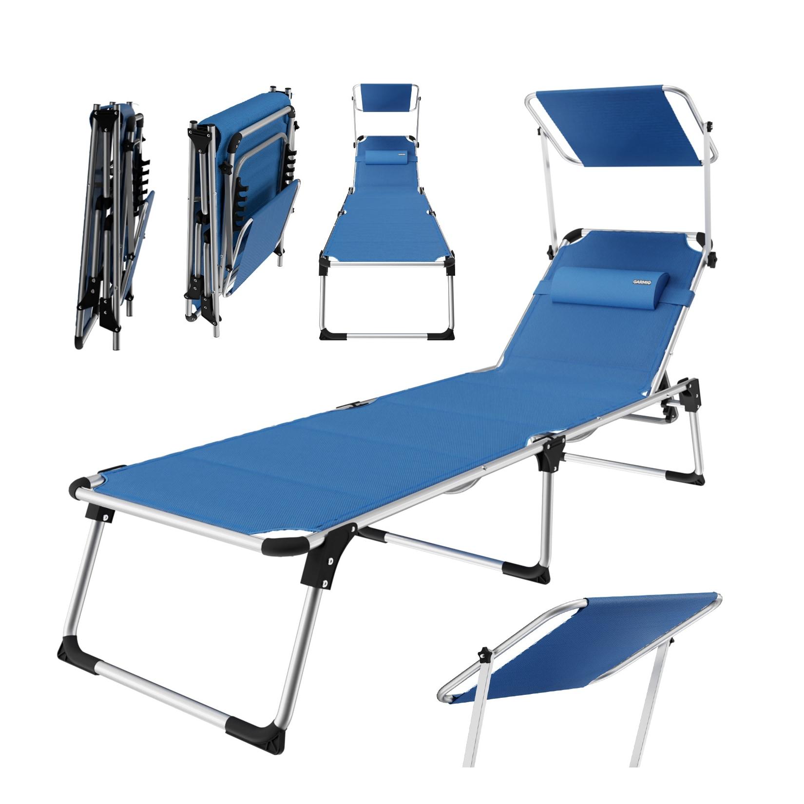 GARMIO® Sonnenliege PALMAS blau, klappbare Gartenliege mit Sonnendach, Kopfpolster, Alu-Gestell