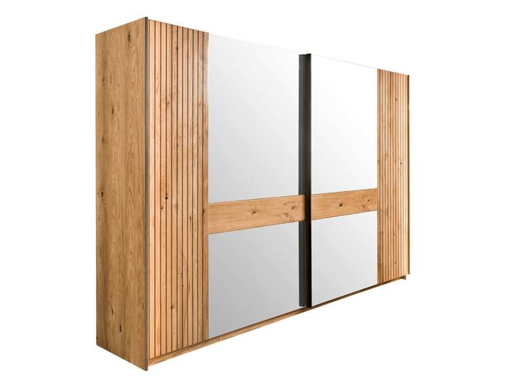 Linea Natura Schwebetürenschrank Rubea, Eiche, Holz, Glas, Eiche, teilmassiv, 8 Fächer, 296x214x61 cm, Schrankfront mit Spiegel, Schlafzimmer, Kleiderschränke, Kleiderschränke mit Spiegel