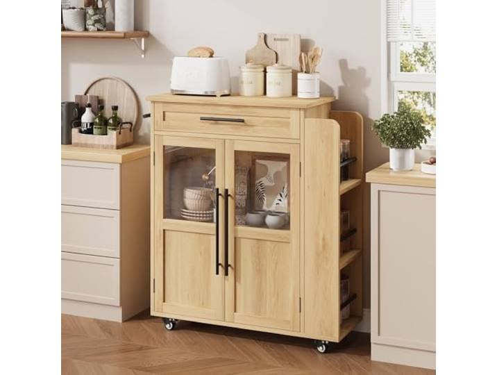 GarveeMore Küchenwagen Mit Rollen, Servierwagen Küchenrollwagen Kücheninsel Mit Arbeitsfläche, Rollwagen Küche Mit Glastüren, Schublade Und Regal Für Küche, Esszimmer & Flur, 74 x 38 x 78,5 cm