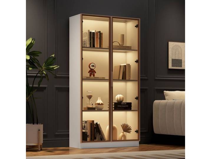 Vitrine - SOGEU - 80x40x160 cm - Double porte vitrée - Éclairage LED 16 couleurs - Étagères réglables
