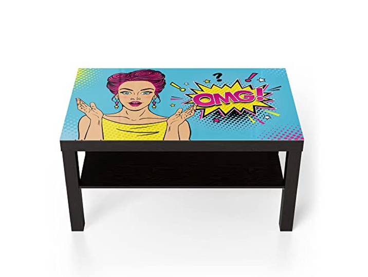 DEQORI Glastisch schwarz groß 90x50 cm Motiv Comic-Frau erstaunt: OMG ausgefallener Beistelltisch aus Glas Hochglanz Couchtisch fürs Wohnzimmer moderner Couch Tisch mit Design
