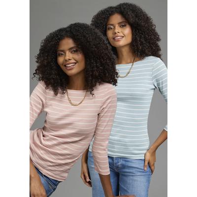 Langarmshirt FLASHLIGHTS, Damen, Gr. 48/50, rosa (rosa, mint), Rippware, Obermaterial: 100% Baumwolle, gestreift, sehr figurbetont hüftlang, U-Boot-Ausschnitt, Shirts Langarmshirt, sehr figurbetonte Passform, elastische Rippware, mit U-Boot-Ausschnitt