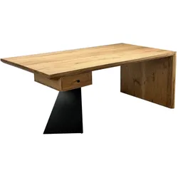 FineBuy, Schreibtisch, Schreibtisch 180 cm Massivholz Schublade Industrial Bürotisch Natur Holztisch (180 x 90 x 77 cm)