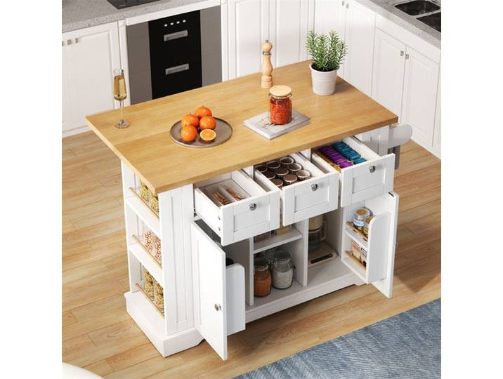 Desserte à Roulettes Cuisine avec Prise Ilot Central Cuisine avec Rangement et Plan de Travail Porte-Serviettes Blanc 132×70×87cm