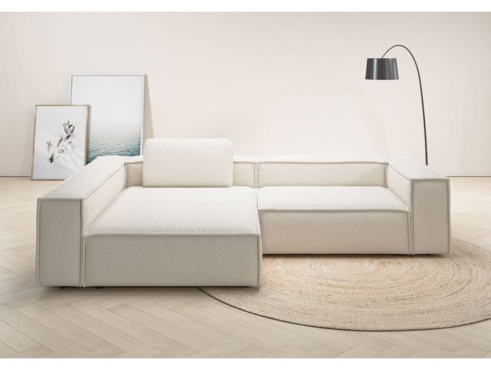 Ecksofa, Weiß, 306x191 cm, Bouclé, XXL L-Form mit Ottomane Links, Modern