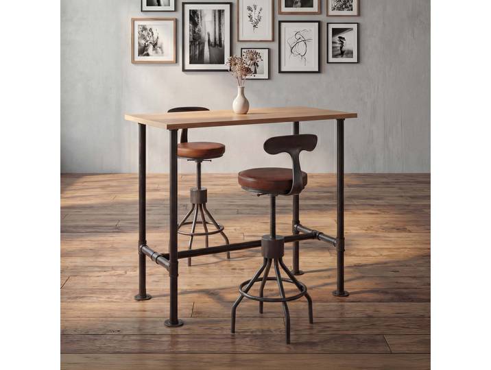 Set Bartisch + 2x Barhocker HWC-N21, höhenverstellbar drehbar Fußablage, Industrial Metall Kunstleder Natur, braun
