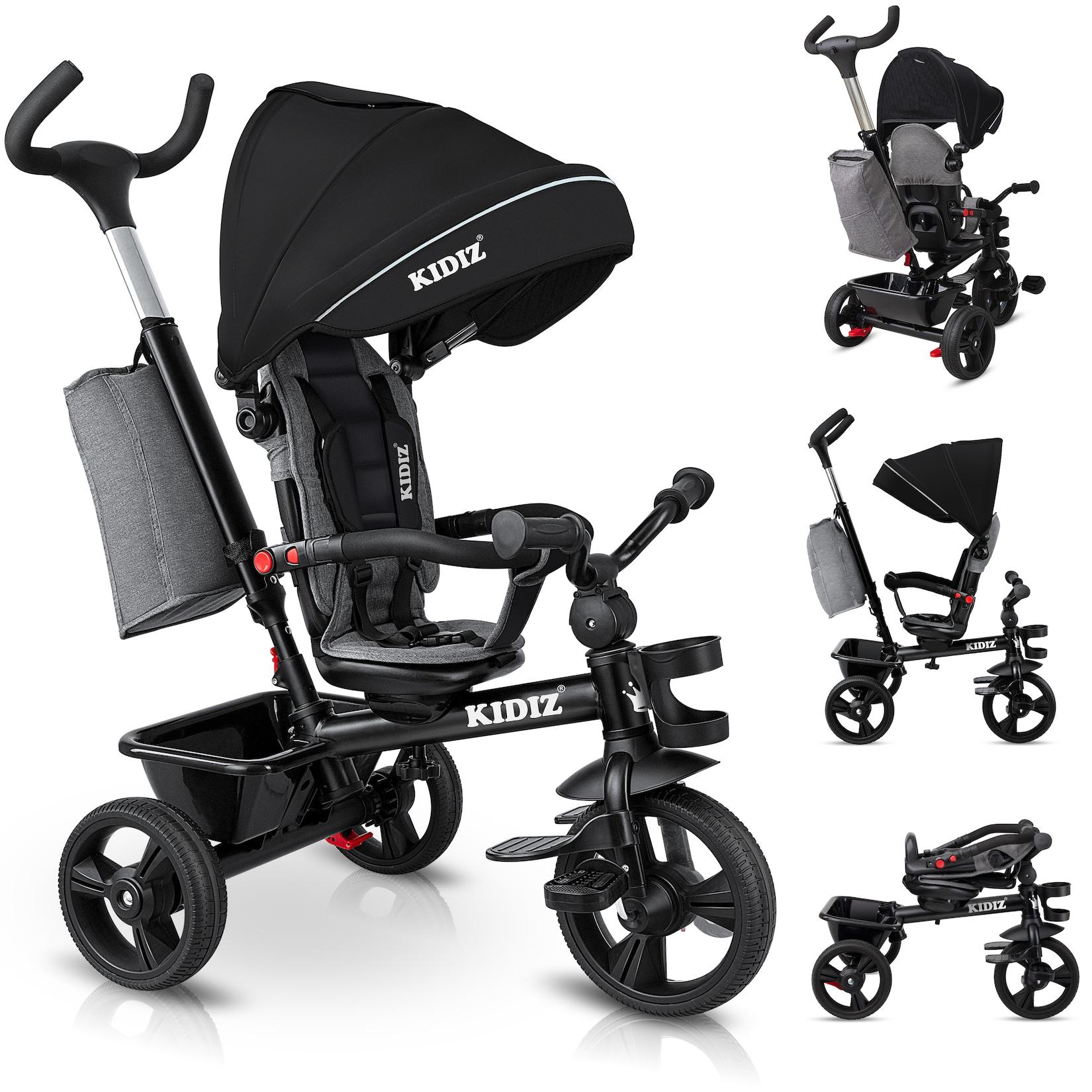 KIDIZ® Dreirad 5in1 Kinderdreirad mit Schubstange Lenksystem Stange ab 1 Jahr vorwärts und Rückwärtsfahrt Jogger , Korb Tasche Getränkehalter Sonnendach Gummiräder, Buggy Fahrrad Baby Klappbar