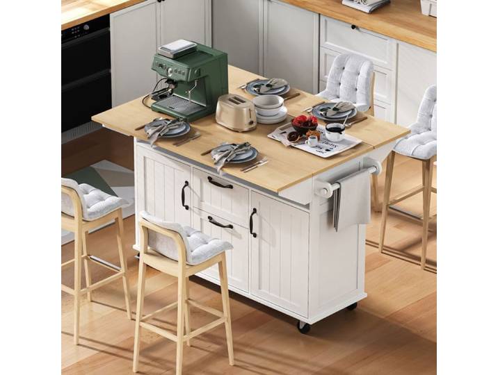 Îlot de cuisine mobile blanc avec table extensible