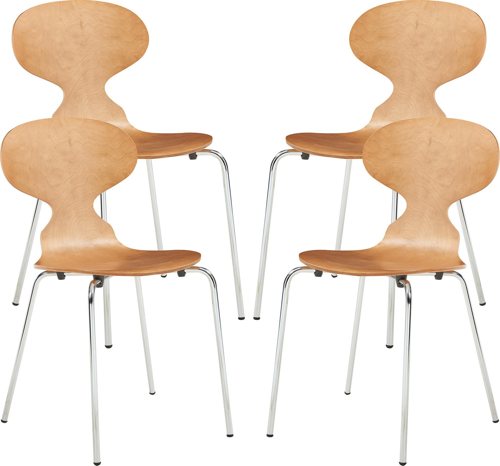 Set van 4 Eetkamerstoelen Kil Walnootlook/Chroom met houten zitting en metalen frame, B/D/H: 80 x 47 x 48 cm