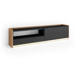 SKRAUT HOME TV-Schrank, Lowboard, 207x50x37 cm, Für TV-Geräte bis zu 80", LED, Schwarz Eiche