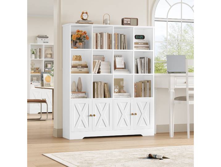 Getone Bibliotheque Rangement Bibliothèque Meuble de Rangement avec 4 Portes 10 Compartiments Ouverts Bibliotheque Livre pour Salon Bureau 121x 29.8x144.8cm