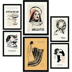 POSTER Set Mit 6 In Schwarzer Tinte Tapfer Kunstdrucke Im Skizzenstil Für Innenarchitektur A3 & A4 Schwarzer Rahmen