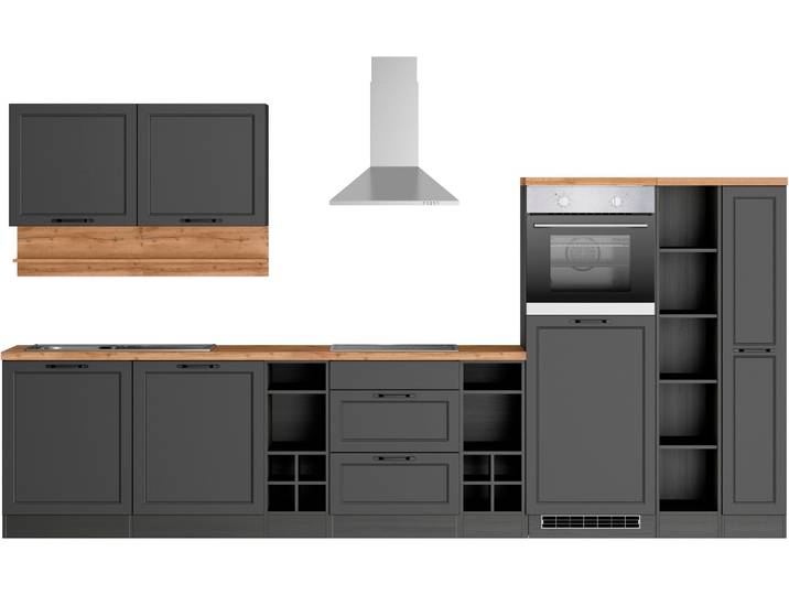 Küchenzeile, Holzwerkstoff, Grau Matt & Graphit, 360×200×60 cm, Mit E-Geräten, Modern, KOCHSTATION KS-Lana