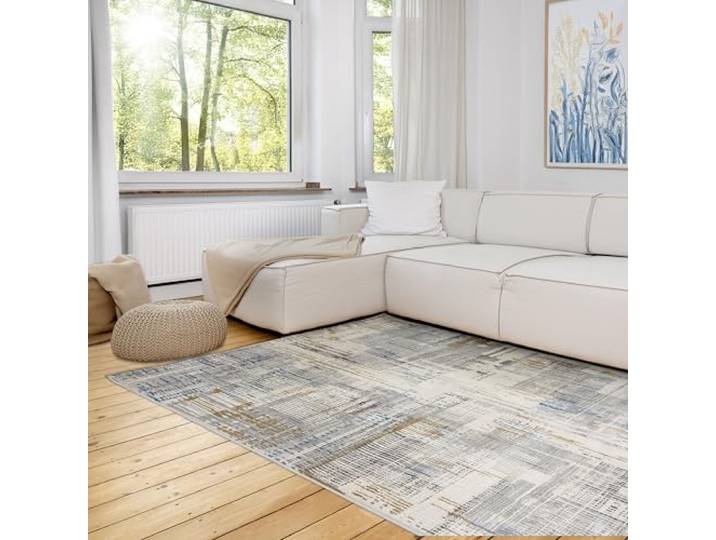Astra Moderner Teppich Wohnzimmer, Schlafzimmer - Weiches Flachgewebe für Innen - Flauschiger Kurzflorteppich - Teppich Vintage grau-blau, 133 x 190 cm