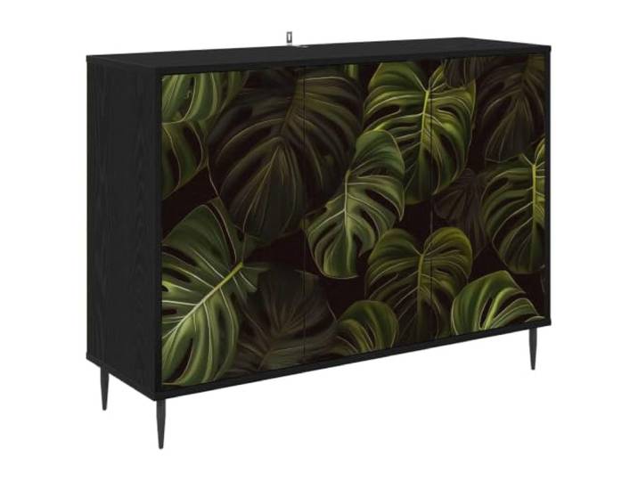 Foknhdi Sideboard Kommode 3 Türen Schwarz Eichen-Optik 102x33x76 cm Eleganter Beistellschrank für Esszimmer und Flur mit Zierelementen und erhöhten Standfüßen zur Bodenbelüftung.