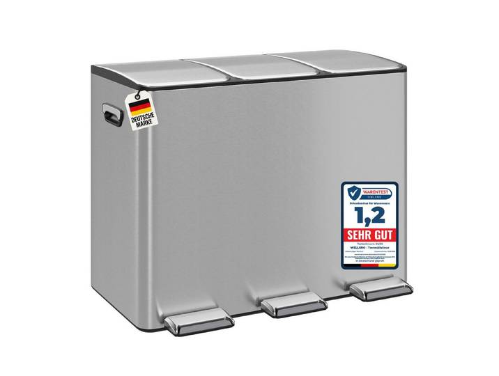 Wellgro Mülleimer Treteimer 3x15L – Edelstahl mit Softclose & Pedal