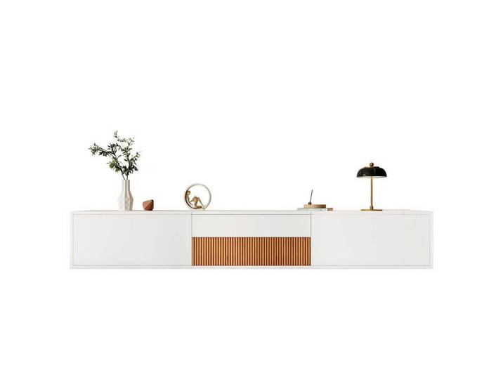 ComfortXL Lowboard De-40251 hängend, mit ausziehbarem Projektor-Fach Weiß, 180x30x34 cm, Wohnzimmer, TV Möbel, Lowboards, Lowboards hängend
