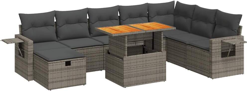 Modulares Garten-Sofa-Set 9-tlg., Poly Rattan Grau, Akazienholz-Tisch, mit Stauraum, wasserfesten Taschen & Kissen Dunkelgrau