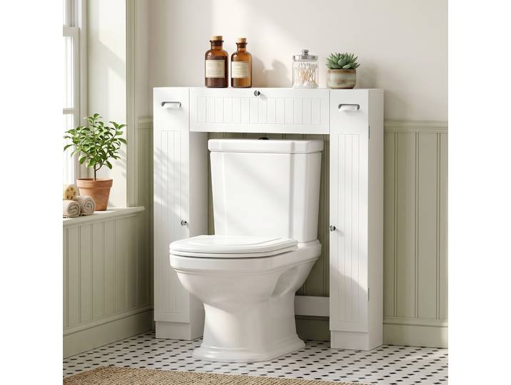 HOMCOM Meuble WC Blanc 2 Placards Tiroir Étagères Réglables