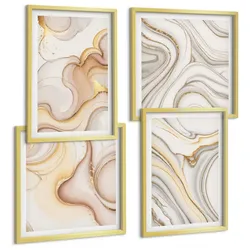 BILDER SET 4er Set - 50x50 cm & 40x60 cm Goldrahmen - Lineare abstrakte Motive