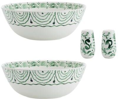 Fitz and Floyd Sicily Green Serve Bowls with Salt and Pepper Set