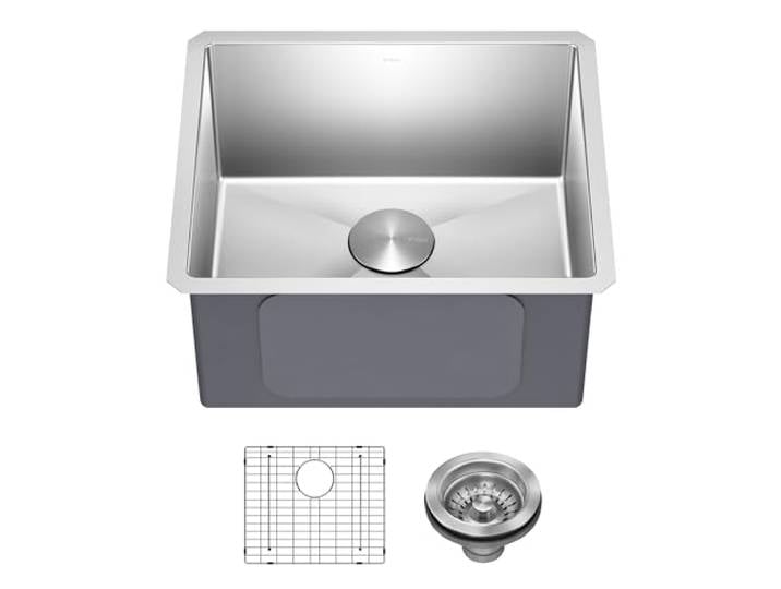 Kraus KHU101-21 Standart PRO 16 Gauge Unterbau Single Bowl Set (4 Artikelbündel: Spüle, Untergitter, Ablaufmontage, Küchentuch), 53,3 cm, Edelstahl