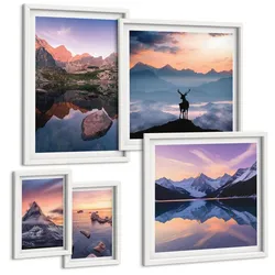 BILDER SET 5er Set - 50x50 cm & 20x30 cm & 40x60 cm Weißer Rahmen - Landschaften Berge Seen jelen