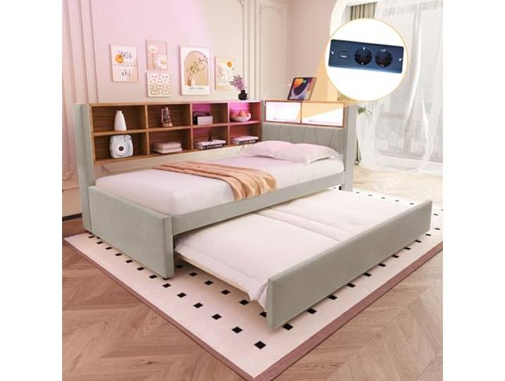Ball & Cast Schlafsofa (90x200cm & 90 * 190cm) Tagesbett mit USB-Anschlüssen und Leuchten, Einzelbett mit Mehreren Ablagefächern, Ohne Matratze, Hellgrau