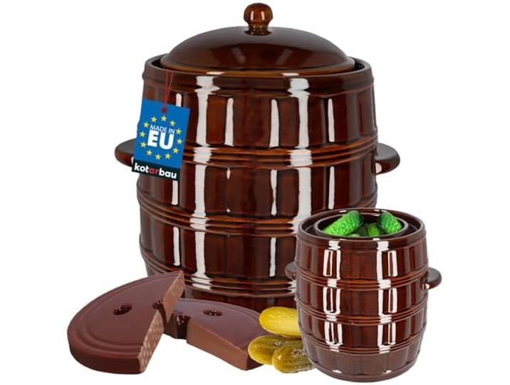 KOTARBAU® Sauerkrauttopf 25 L, Rumtopf mit Deckel + Fermentiergewichte Gärtopf mit Wasserrinne, Steintopf zum Einlegen, Gärfass Sauerkraut & Gurken, Kimchi Topf zum Fermentieren, Steinzeug, Braun