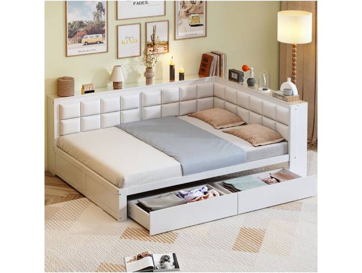 VUENOR Lit banquette 140x200 cm blanc - dossier rembourré 2 tiroirs sans matelas