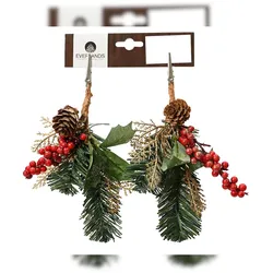 Christmas Decorations Künstliche Zweige mit Clip 22cm mit Beeren 2er Set Kunstzweige Dekozweige Weihnachten Weihnachtszweige Tannenzweige Grün Rot
