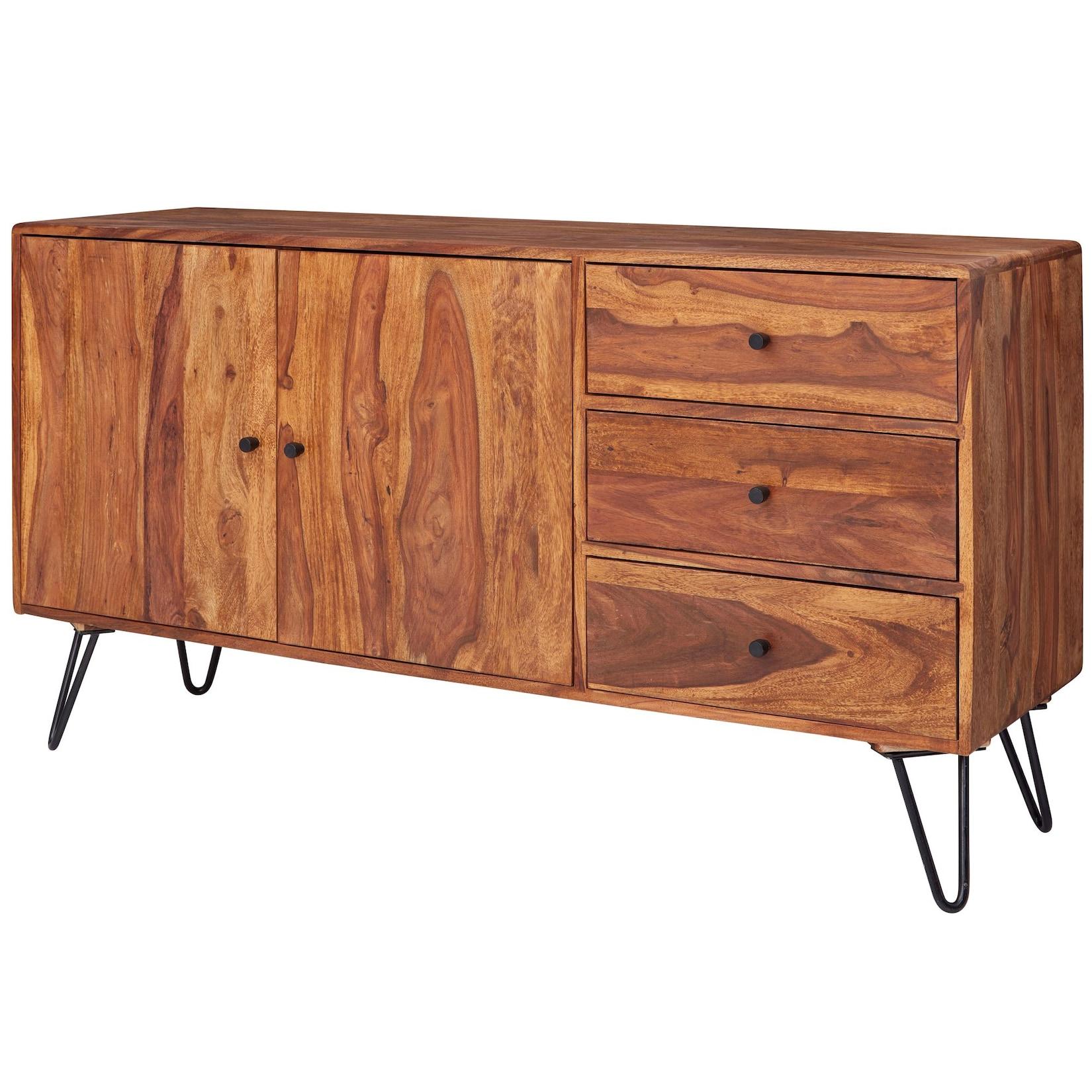 Massivholz Sideboard 145cm Sheesham Natur Kommode mit 2 Türen & 3 Schubladen modernes Design