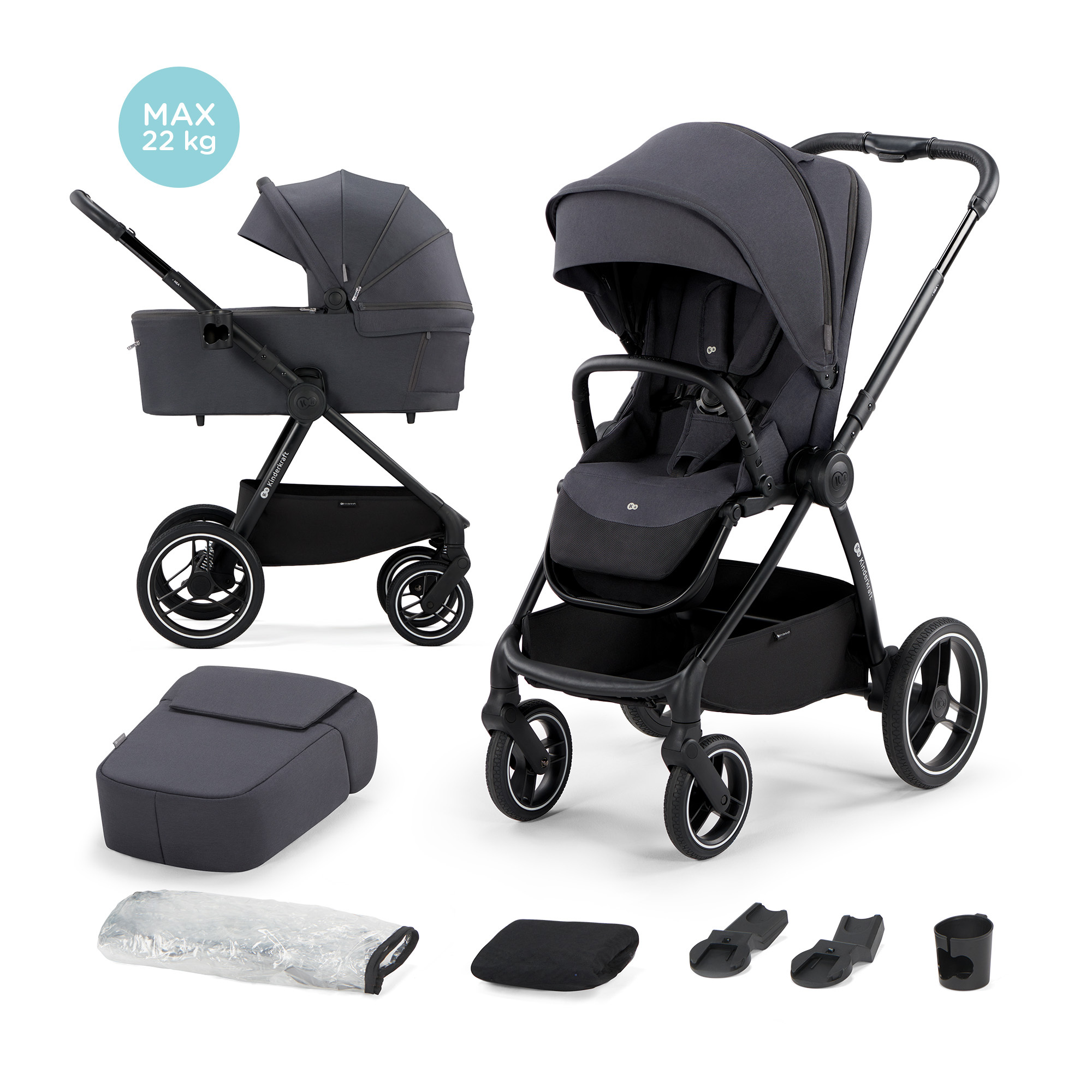 Kinderkraft NEA - Kombikinderwagen 2-in-1 - bis 22 kg - große Babywanne - wasserdichtes Verdeck UPF50+ - große Reifen - einhändige Führung - Grau
