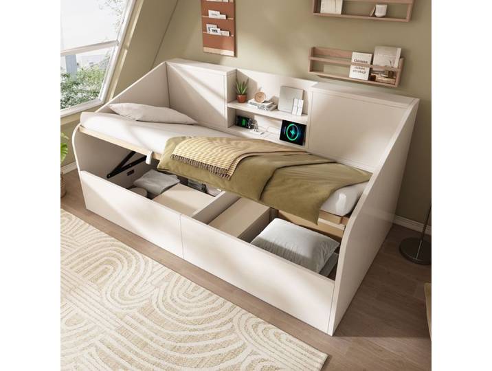 Dimensions 90x190 cm lit design solide et sécurisé lit simple avec espaces de rangement en bois couleur blanc