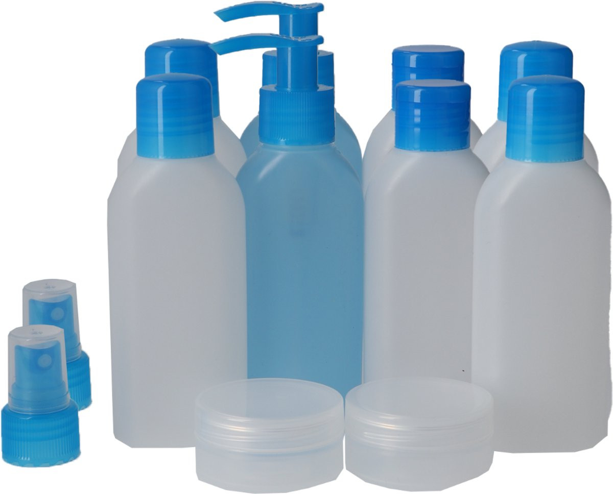 Set van 12 BPA-vrije kunststof reisflesjes Ocean Blue - Navulbare reisflacons voor handbagage