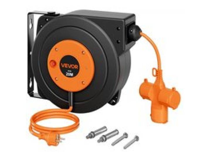 VEVOR Kabeltrommel 20 m 3000 W Automatischer Kabelaufroller 16 AWG/3-adrig, zur Decken-/Wandmontage, 3 Steckdosen, 56 °C Überhitzungsschutz, Beleuchtete Dreifachsteckdose, mit 180°-Schwenkhalterung