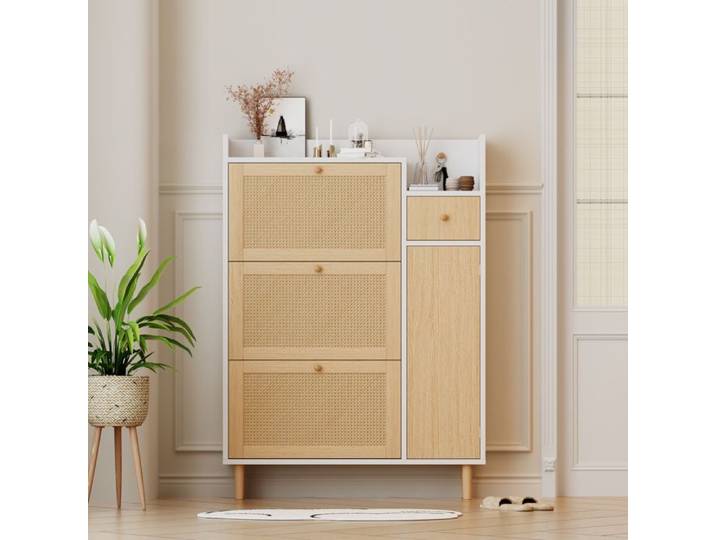 Meuble à Chaussures avec 3 Portes Abattantes Tiroir Armoire Haute à Chaussures Rotin 90×125×17 cm