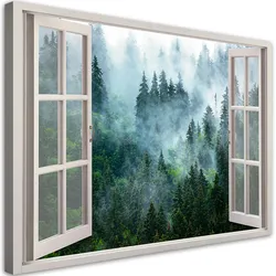 WANDBILD fensterblick wald im nebel natur