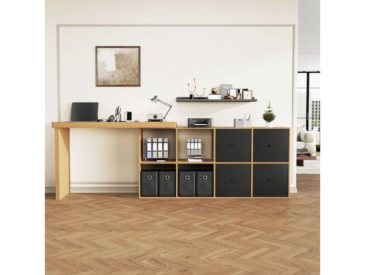 JOINERY Bureau Dangle Bureau Informatique Pivotant Modulable Rangement 360 Degres MDF Noir Et Decor Bois 4 Niches 4 Tiroirs