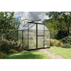 OUTFLEXX Verde Basic Gewächshaus, schwarzer Rahmen, Aluminium/Polycarbonat, 130x183x190 cm, pulverbeschichtet, UV-geschützt, mit Schiebetür