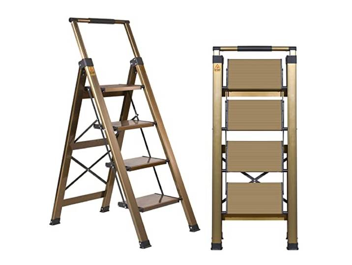 XinSunho 4-stufige Leiter, 4-stufiger Aluminiumhocker mit einziehbarem Handlauf und rutschfestem breitem Pedal, Klapphocker-Leiter, 4 Stufen, 150 kg Sicherheit, Haushaltsleiter