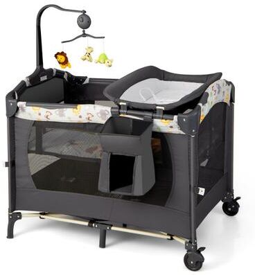 Costway 3-in-1 Convertible Portable Baby Playard with Music Box and Wheel and Brakes-Dark Gray