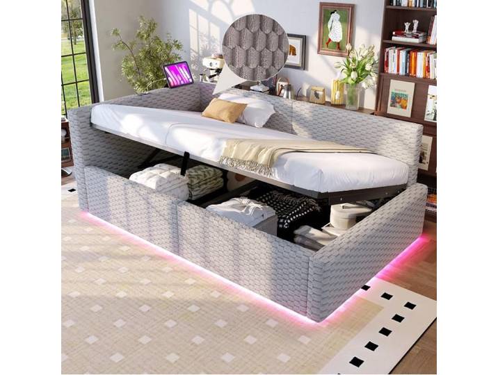 ULEVR Lit simple rembourré moderne 90x200 cm - rangement hydraulique LED et ports USB Type C pour repos et travail gris velours