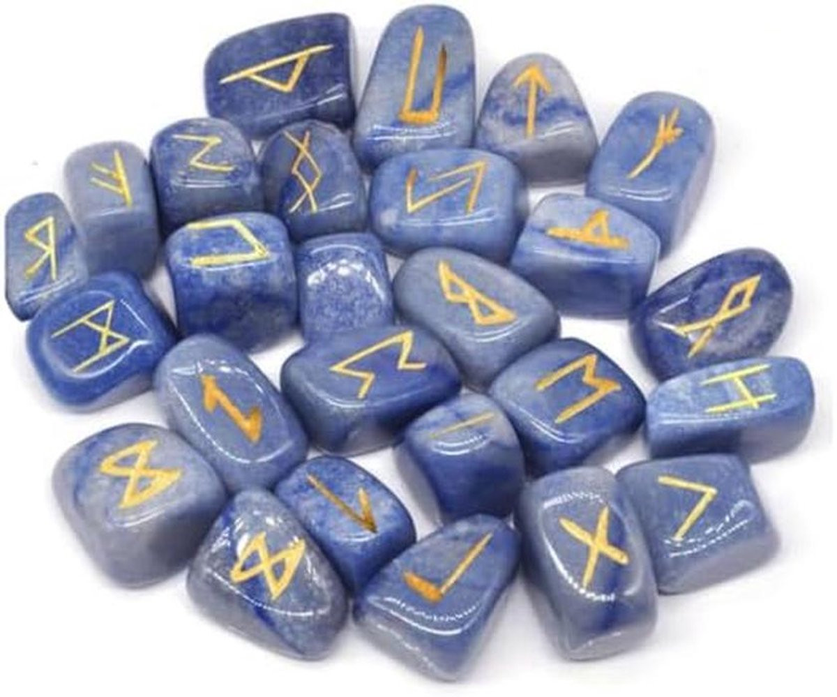 Set Blauwe Aventurijn Rune Stenen met Gegraveerde Symbolen voor Volwassenen