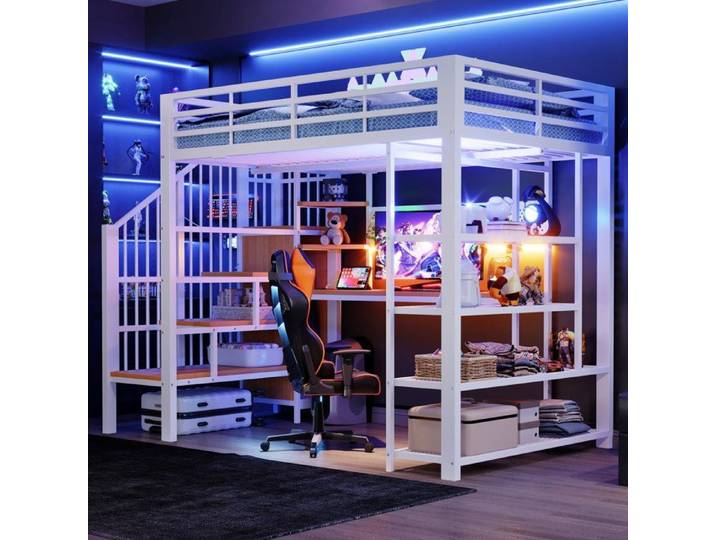 Lit mezzanine 140x200 avec bureau rangements et LED pour adulte
