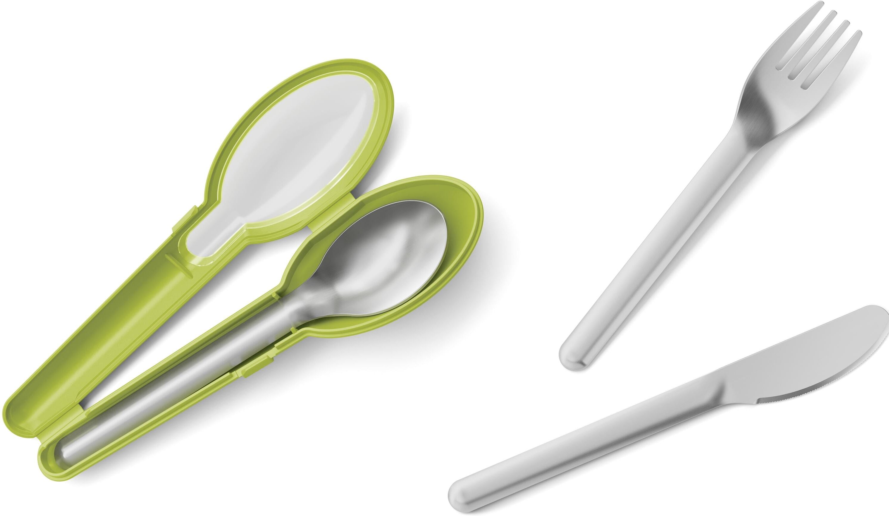 Besteck-Set EMSA "to go Clip & Go 3-teilig, Grün/Silber", grün (grün, silberfarben), 3 Stk., Edelstahl 18/10, Essbesteck-Sets, Besteck-Set grün, silberfarben 3 Stk.