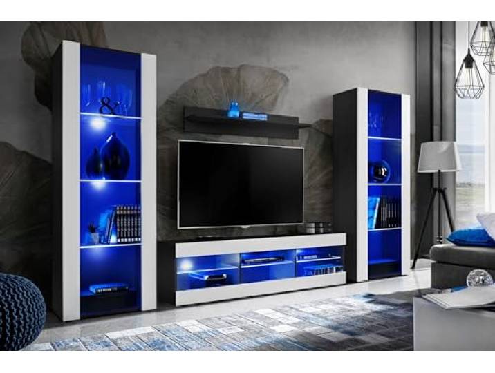Komodee Wohnwand TV Tivoli Grande A1 Weiß/Schwarz 250x159x35 cm Wohnwand Tivoli Grande, Weiß/Schwarz, Breite 250cm x Höhe 159cm x Tiefe 35cm, LED Blau , für Wohnzimmer